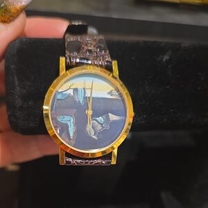 Gold-Tone Women's Watch with Blue Accent Art Dial and Brown Leather Strap
